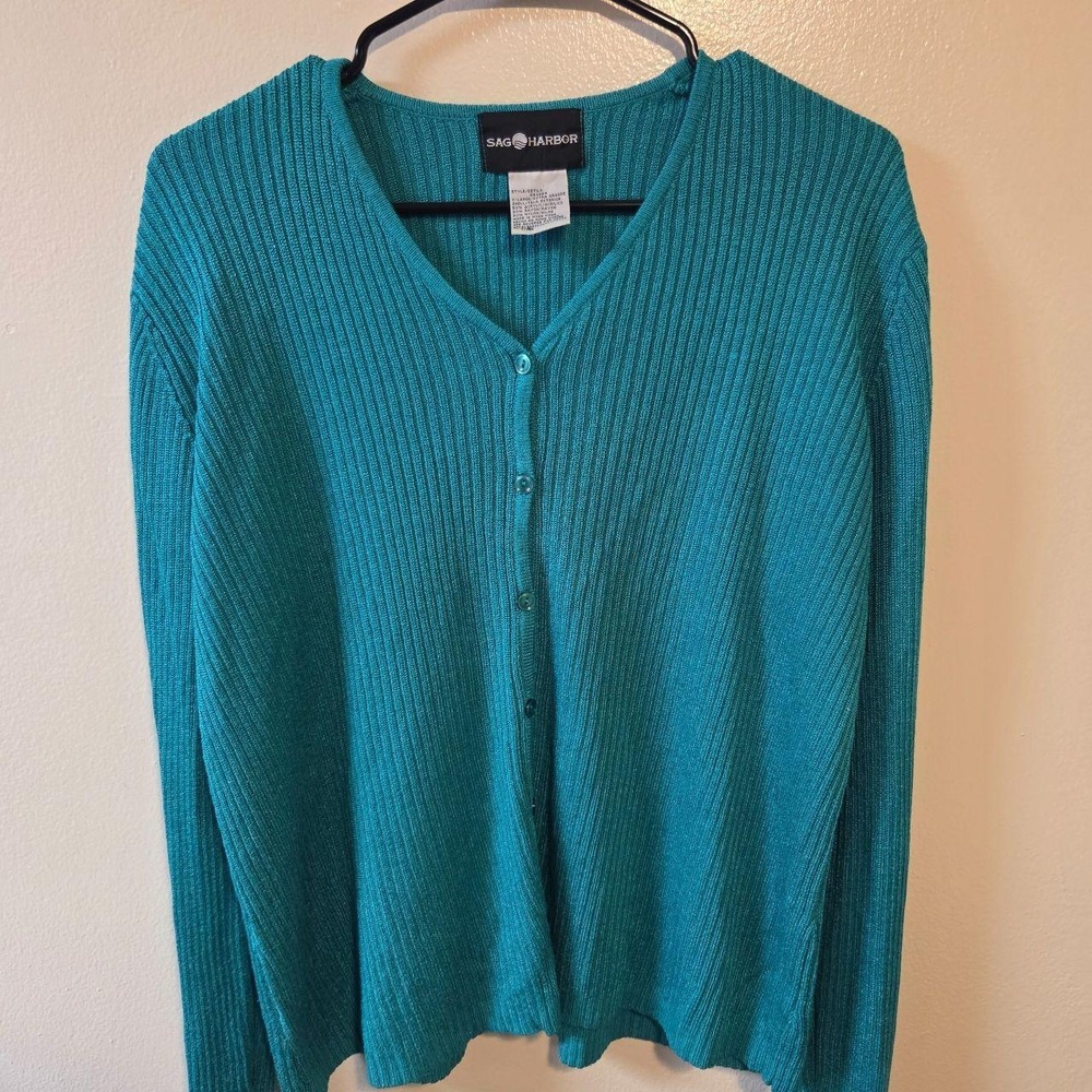 Sag Harbor Teal Blue Ribbed Knit V-Neck Button Front Cardigan Sweater XL 543254